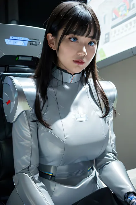 masterpiece, best quality, japaese cyborg girl,plump , announcer,control panels,android,droid,mechanical hand, ,clothes with a s...