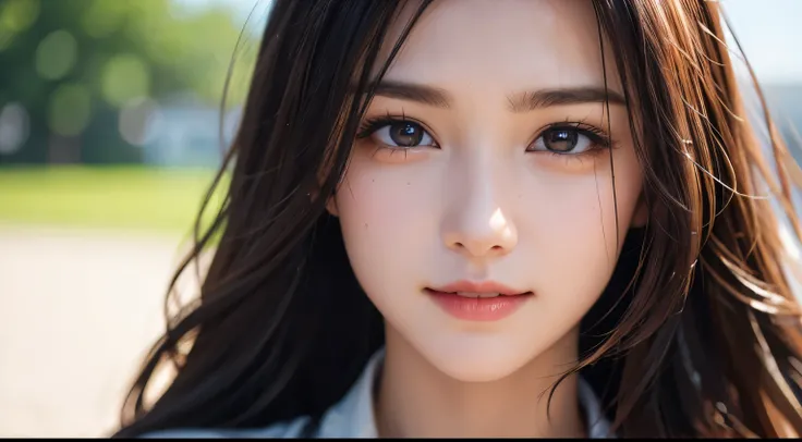 close-up, masterpiece, best quality, raw photo, photorealism, smile, beautiful girl, cute, long hair, depth of field, high resolution, ultra detail, detail, highly detailed eyes and face, sharp pupils, realistic pupils, sharp focus, cinematic lighting