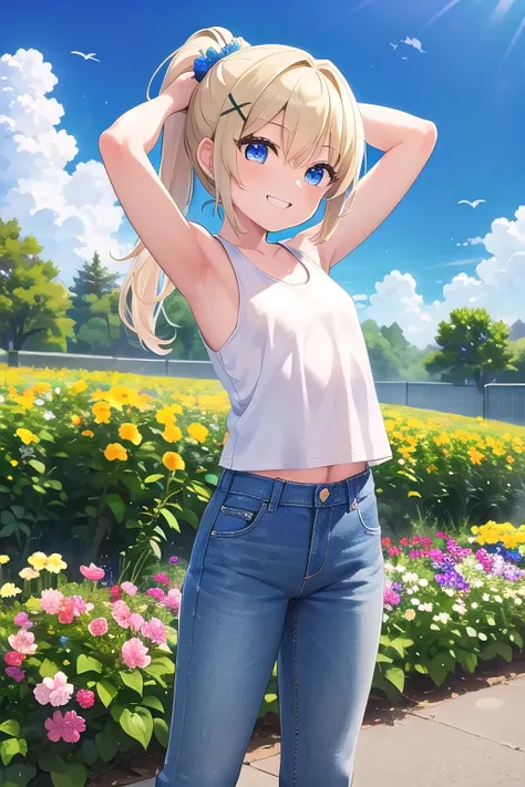 masterpiece,best quality,ultra detail,1girl, 14yo,petite,smile happy,flower garden,sunshine,cloud,ponytail hair, blue eyes, blonde hair, hair ornament, x hair ornament,Raise your arms and behind your head,White teeth, white tank tops,jeans, 