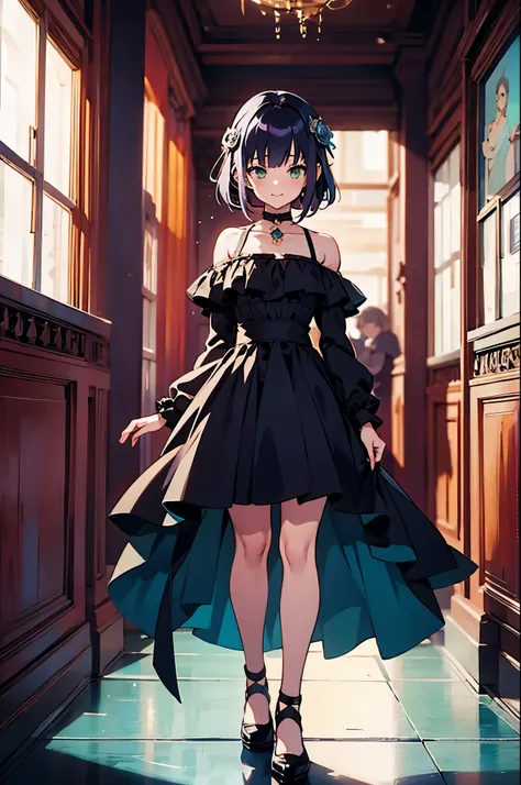 masterpiece, best quality, anime coloring, shiny skin, 1girl, pa-san, green eyes, purple colored inner hair, ear piercing, hime cut, choker, black dress, long dress, shoulder cutout, sleeves past fingers, indoors, seductive smile,