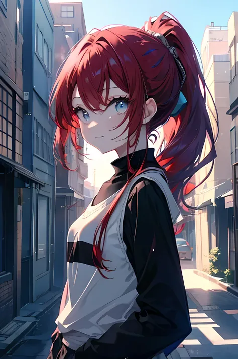  one woman、Dark red hair、 ponytail、Extremely detailed light blue eyes、Slanted Eyes、smile、casual outfit in monotone、 small breasts、A row of buildings、 anime style。