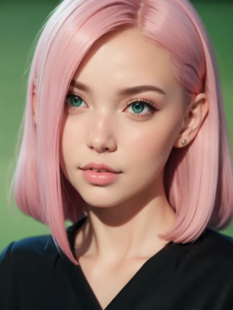 young woman, long bubblegum pink hair, wide forehead, emerald green eyes, upturned nose, thick pink lips, heart-shaped face, bla...