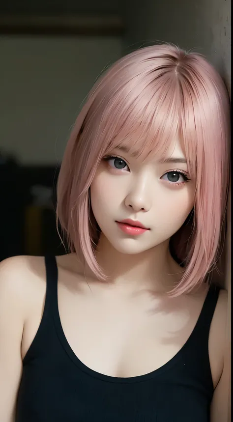 masutepiece, Best Quality, Illustration, Ultra-detailed, finely detail, hight resolution, in 8K,Wallpaper, Perfect dynamic composition, Beautiful detailed eyes, Black tank top,Short bob hair、Pink hair color,Big Natural Color Lip, Bold sexy poses,deadpan、co...