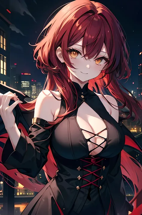  one woman、Dark red hair、Disheveled Hair、Highly detailed yellow eyes 、Droopy eyes、Smile with a smile、Flushed Cheeks、wing、sexy black vampire cosplay、 big chest、night、A row of buildings、 anime style。