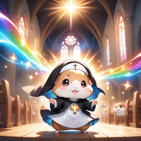 colorful picture of a hamster on a church background,  breathtaking rendering , Sparkling Connections , Light pours down, Hamster icon, Nun costume, Colorful vibrations and magical effects, Energy released, Offer a prayer, bright flash, flash,  deformed, Little cute animals.