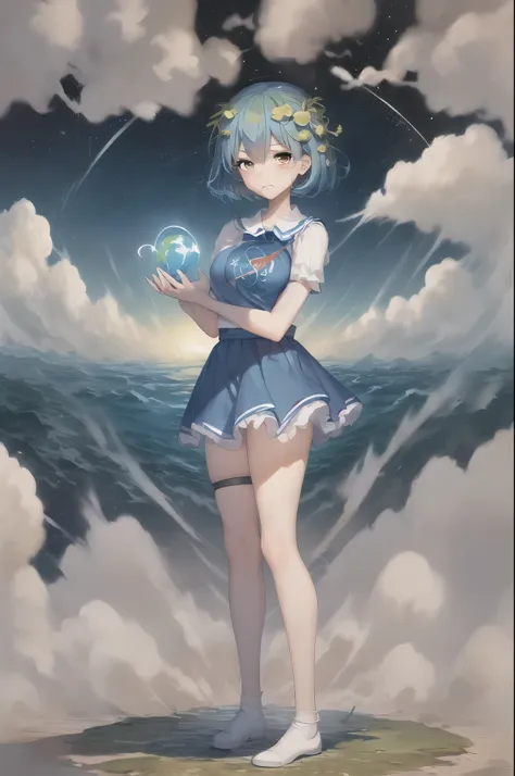 (masterpiece, best quality:1.2), solo, 1girl, earth-chan, (masterpiece, best quality:1.2), solo, 1girl, earth-chan, crying, looking at the two hands hugging the earth, the earth in her hands, a miserable expression because of the destruction and pollution ...