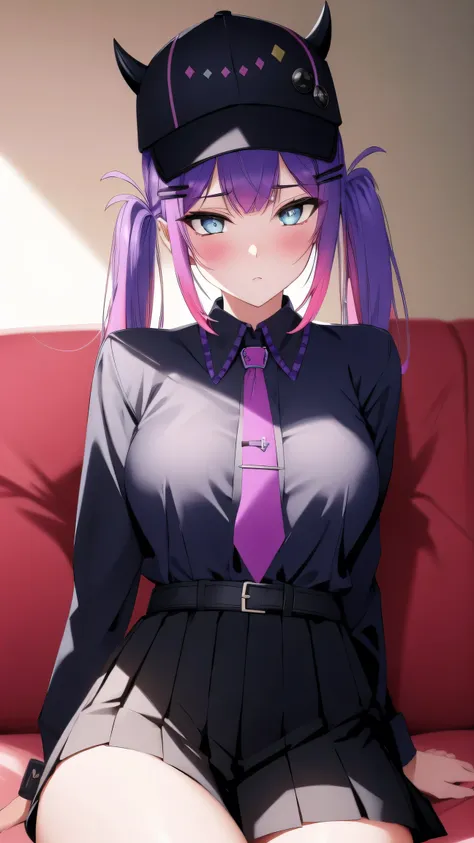 (day:1.7), sky background,a blue sky and clouds,
sitting at attention,sitting on couch,
purple necktie, black shirt, collared shirt, long sleeves, black skirt, plaid skirt,
aatowa, long hair, twintails, black headwear, baseball cap, fake horns, hairclip, p...