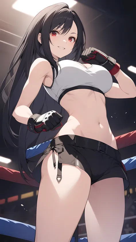 (Tifa Lockhart from Final Fantasy VII, black long hair, red eyes), (Age 25, Mature, cool and beautiful face, 1girl, solo), a beautiful, extremely detailed, detailed eyes, detailed iris, natural lighting, white sports bra, athlete spats, mma gloves, sleevel...