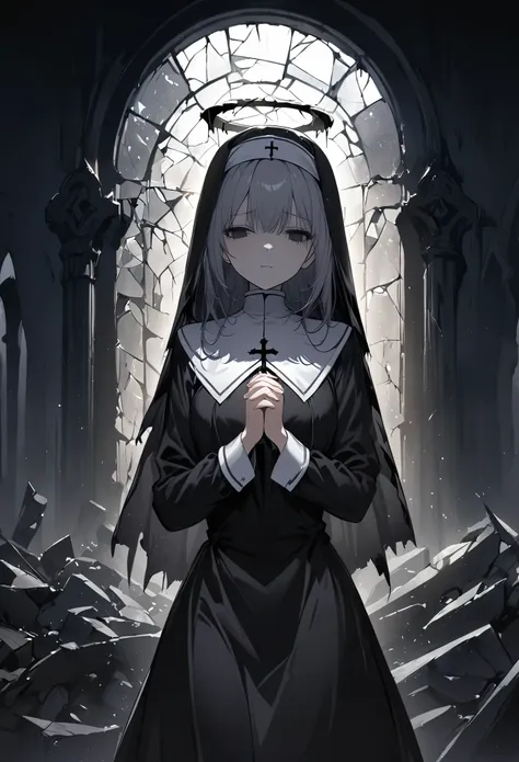 illustration, best quality, 1girl, wearing black nun outfit with veil, praying with hands clasped, solemn expression, halo effec...