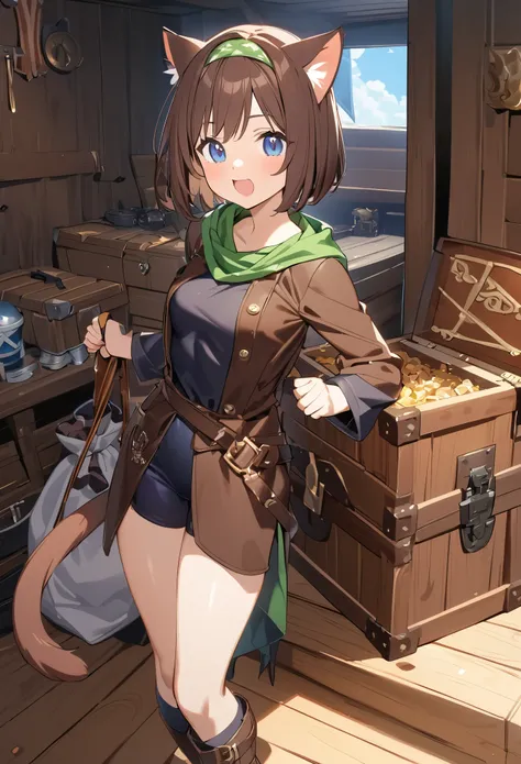 Best Quality、 one girl、ender body、 small breasts、 Shiny Brown Hair 、 pattern with three red whiskers、 short bob、Cat ears and tail、Dark blue eyes、Light brown skin、Proud expression、Thief Costume、Green Bandana、brown leather clothes 、spats、Inside the ship、Wood...