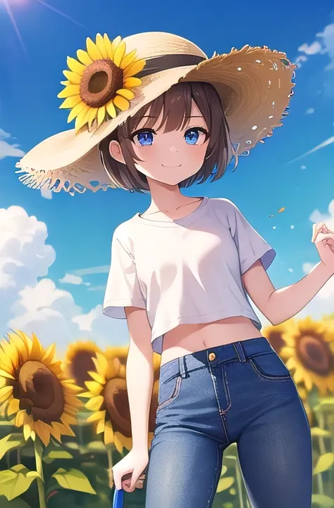 masterpiece,best quality,ultra detail,1girl, 16yo,smile happy,sunflower garden,straw hat,sunshine,cloud,short hair, blue eyes, brown hair,loose shirt,t-shirt,jeans, wind, midriff peek