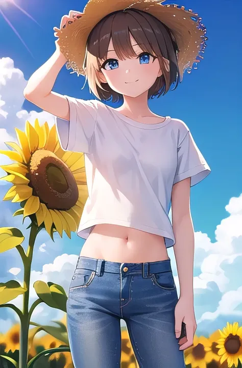 masterpiece,best quality,ultra detail,1girl, 16yo,smile happy,sunflower garden,straw hat,sunshine,cloud,short hair, blue eyes, brown hair,loose shirt,t-shirt,jeans, wind, midriff peek