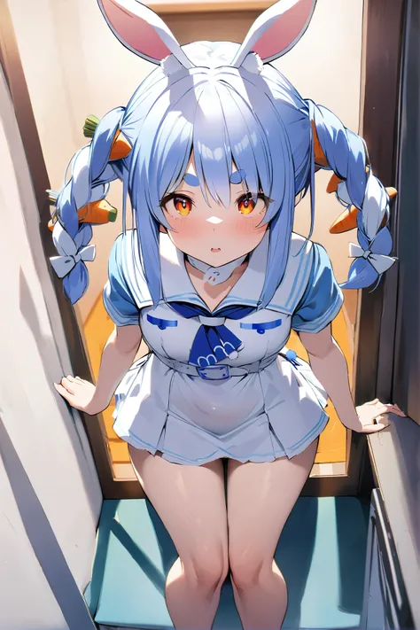 NSFW,masterpiece,Best Quality, high resolution, very detailed,Usada Pekora ( Hololive ),Orange eyes、 thick eyebrows、Bunny ears、blue hair、 short hair、 two side up 、Hair Clip、White choker、 sailor suit、Short dress、Short sleeve、 blue neckerchief、White belt