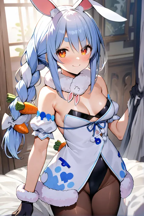 NSFW,masterpiece,Best Quality, high resolution, very detailed,Usada Pekora ( Hololive ), orange eyes、 thick eyebrows、 rabbit ears、 two-tone hair、blue hair、White Hair、Long Hair、Twin Blade、Hair accessories、Fur collar、White Dress、Fur-trimmed dress、 exposed sh...