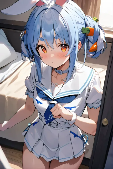 NSFW,masterpiece,Best Quality, high resolution, very detailed,Usada Pekora ( Hololive ),Orange eyes、 thick eyebrows、Bunny ears、blue hair、 short hair、 two side up 、Hair Clip、White choker、 sailor suit、Short dress、Short sleeve、 blue neckerchief、White belt, gi...