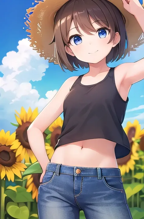 masterpiece,best quality,ultra detail,1girl, 14yo,smile happy,sunflower garden,straw hat,sunshine,cloud,short hair, blue eyes, brown hair,loose tank tops,tank tops,jeans, wind, midriff peek