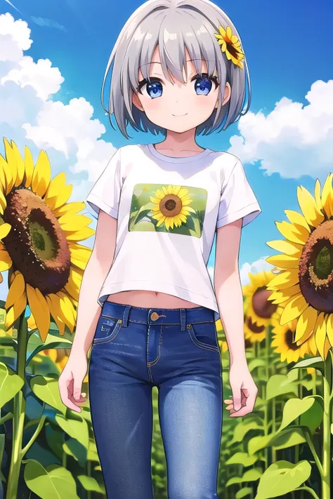 masterpiece,best quality,ultra detail,1girl, 12yo,petite,smile happy,sunflower garden,sunshine,cloud,yagami hayate, short hair, blue eyes, silver hair, hair ornament, x hair ornament,t-shirt,jeans, 