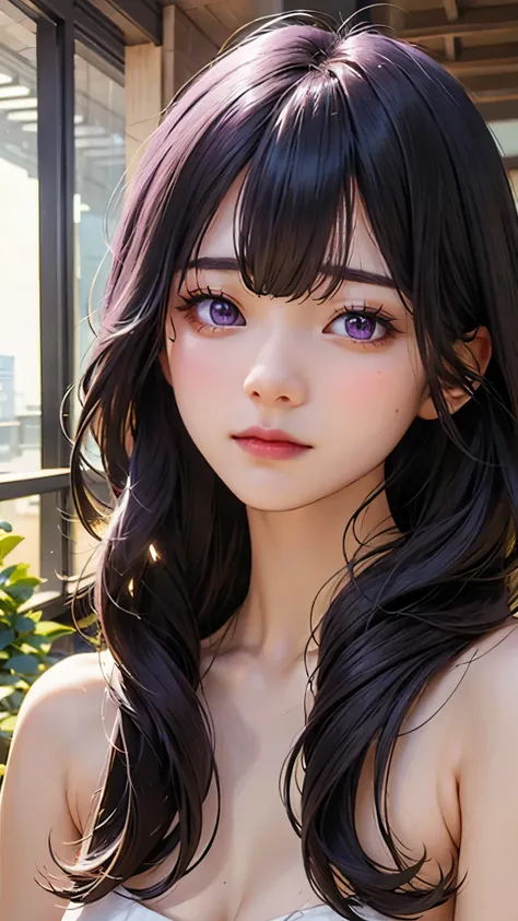 ((best quality)), ((masterpiece)), (detailed), perfect face. Asian girl. Purple hair. Purple eyes. Topless.