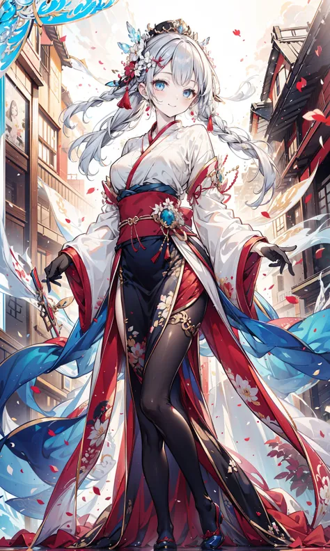 saint,Elegant and charming, Smile,in love,(Transparent and colorful Hanfu , Delicate and gorgeous design ), black gloves ,Silver Hair, blue eyes, See-through clothing,Exquisite hair accessories,Transparent lace, carved pattern ,Dress nicely, The background...
