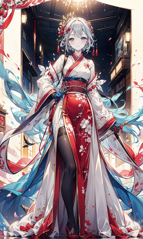 saint,Elegant and charming, Smile,in love,(Transparent and colorful Hanfu , Delicate and gorgeous design ), black gloves ,Silver Hair, blue eyes, See-through clothing,Exquisite hair accessories,Transparent lace, carved pattern ,Dress nicely, The background...