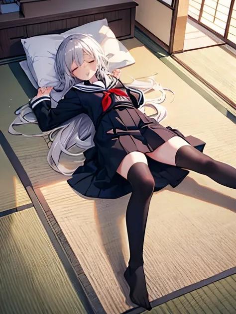 Best Quality、masterpiece、Sleeping girl、Long silver hair、Black Sailor Suit、Black knee-highs、whole body、 people lying in a plateau bed 、lying on her back、Bend your knees、 legs wide open、Tatami room、 viewed from the foot、High school girl