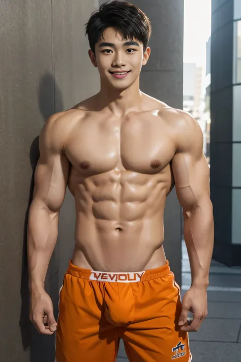 18-year-old male、 Japanese、university student、 Handsome Man 、Gay、smile、 macho、 abs、Pectoral muscles、Strong body、Orange sports briefs、 crotch bulging