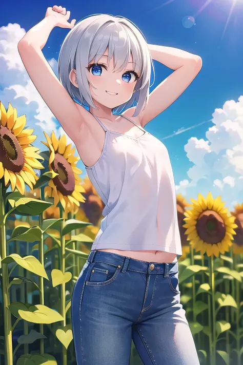 masterpiece,best quality,ultra detail,1girl, 14yo,petite,smile happy,sunflower garden,sunshine,cloud,short hair, blue eyes, silver hair, Raise your arms and behind your head,White teeth, white camisole, jeans, 