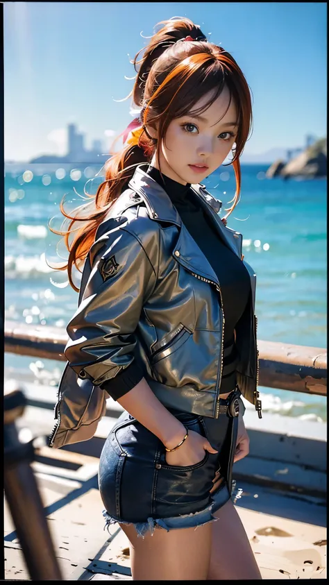 very colorful, pop feel, summer image, Beautiful woman with orange hair ponytail, very beautiful detailed eyes, beautiful and delicate eyes, Around 25 years old, sea view, wearing a jacket, stylish belt, perfect tall model body,Mysterious, cool beauty, wes...
