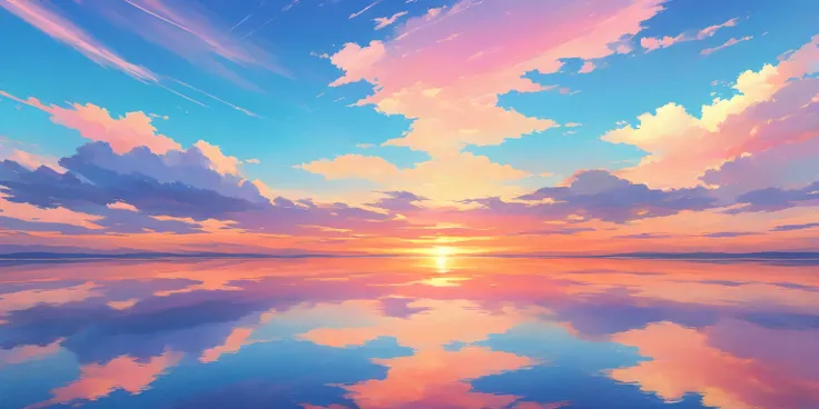((pastel)),pastelカラーの空の下,horizon,Reflection of light,Pink and light blue sky, pink scaly clouds ,Orange Sunset,The sky shines light blue , seen from afar, moving scene