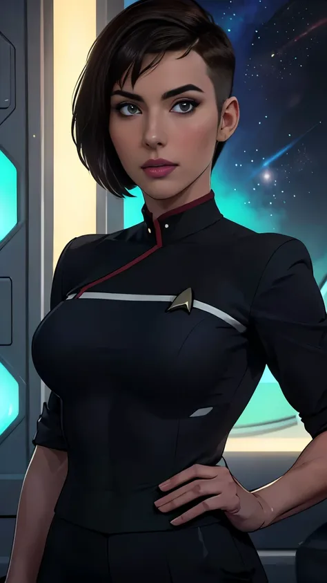 photo of mlp Meowko, RAW, beautiful woman, ((portrait)), ((detailed face:1.2)), ((anime face, anime facial feature, clear skin, glossy anime lips, clear skin), (short lesbian haircut, brunette: 1.55), (perfect proportioned body, Strong, muscular, narrow w...