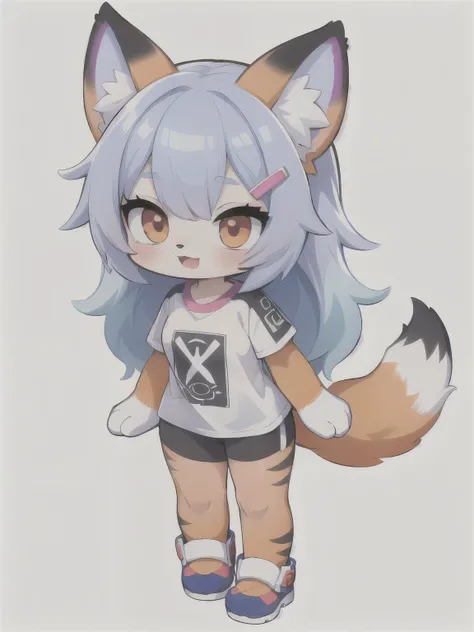 Female hairy purple fox, Fox ears, fox tail, gym clothes , wide hips , white skin body, simple background, Whole body, standing, Chibi. ( cyberpunk style), ( masterpiece , high quality , best quality, 8k, High resolution), ((chibi style, Chibi cute)),...