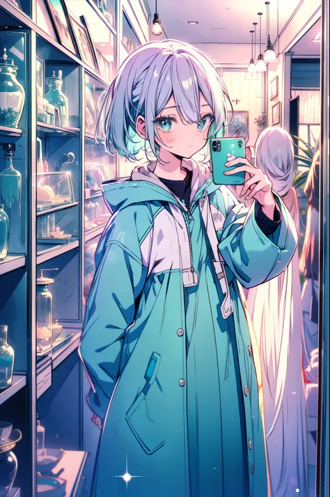 Hatsune Miku, feminine gender, cabelo longo e blue-green com um laço vermelho, usando um puffer Lavender com detalhes silvers e brilho sutil, poses in front of the mirror inside a vintage store , capturing her profile reflection . She takes a selfie pose...