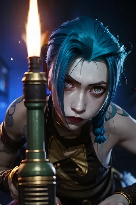 jinx league of legends, detailed eyes, firing a rocket launcher