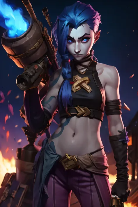 jinx league of legends, detailed eyes, firing a rocket launcher