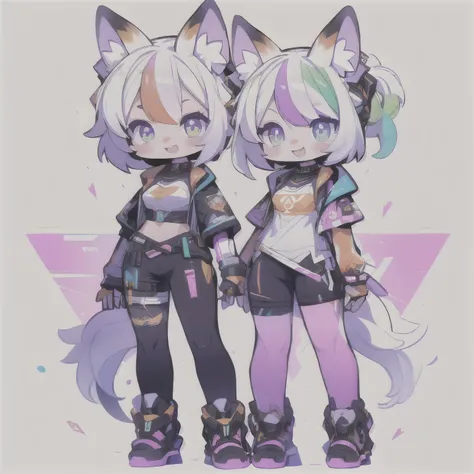 Female hairy purple fox, Fox ears, fox tail, gym clothes , wide hips , white skin body, simple background, Whole body, standing, Chibi. ( cyberpunk style), ( masterpiece , high quality , best quality, 8k, High resolution), ((chibi style, Chibi cute)),...