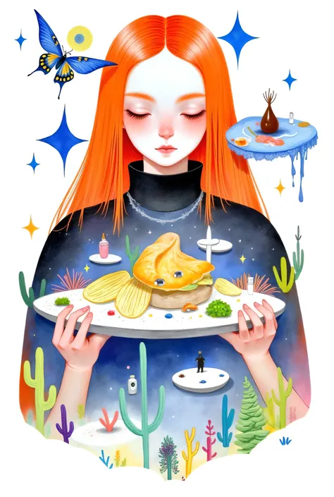 1 girl,animal,mariposa, eyes closed ,Pez,food,jewelry,move,long hair,make-up, orange hair ,paint (Half),shirt,business, simple background ,Alone,Star (sky),Star (symbol),Halfs tradicionales,watercolor (Half), white background