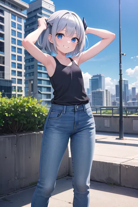 masterpiece,best quality,ultra detail,1girl, 14yo,petite,smile happy,on the top building,short hair, blue eyes, silver hair, hair ornament, ribbon hair ornament,Raise your arms and behind your head,White teeth, white tank tops, jeans,