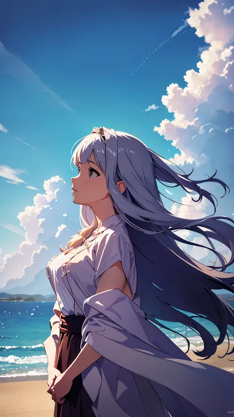 absurdres, highres, (official art, beautiful and aesthetic:1.2), close view, shining sky, vast world, girl, gazing, awe-inspiring expression, distant horizon, clouds, high hill, natural beauty, inspiration, light effects