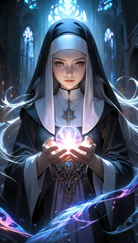 a nun in a mystical and translucent atmosphere, detailed facial features, flowing long hair, delicate and expressive hands, intricate details, dramatic lighting, moody atmosphere, cinematic composition, vibrant colors, glowing aura, (best quality, 8k, detailed, photorealistic:1.37), digital painting, concept art, dark fantasy