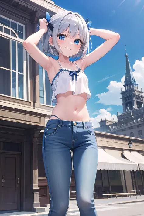 masterpiece,best quality,ultra detail,1girl, 14yo,petite,smile happy,on the top building,short hair, blue eyes, silver hair, hair ornament, ribbon hair ornament,Raise your arms and behind your head,White teeth, White camisole, bikini, jeans,