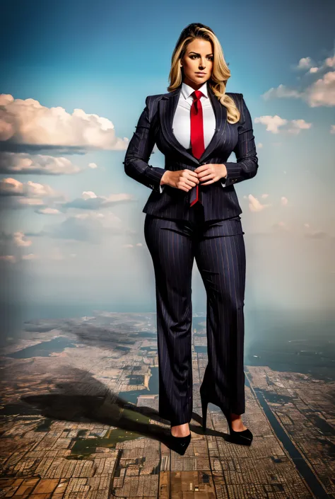 a sophisticated and stylish woman in a grey pinstriped trouser suit, white shirt, and a large wide necktie in a windsor knot, wi...