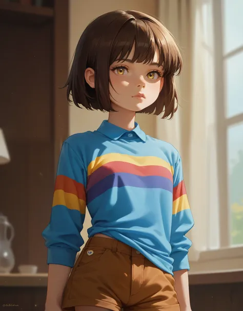 score_9, score_8_up, score_7_up,  undertale frisk, brown hair, brown shorts, bob cut, short hair, black pantyhose, blue shirt, y...