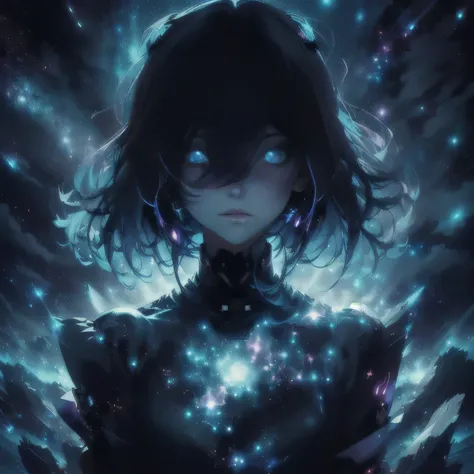 a girl with long hair and a dark dress standing in front of a dark sky, anime girl with cosmic hair, inspired by yuumei, etherea...