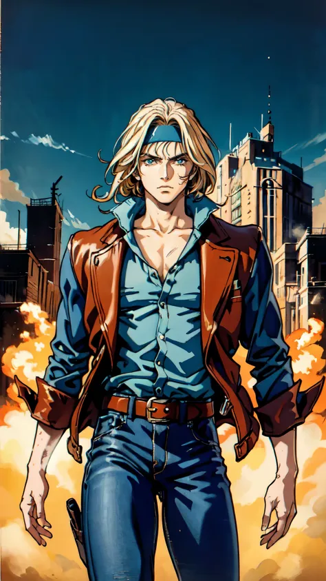 (masterpiece:1.2, best quality:1.2, extremely delicate:1.2), ((male:1.5)), a man with messy short brown hair, choppy bangs, a headband tied around his forehead, sharp eyes, well-defined features, serious expression, fantasy Western-style attire, the color ...