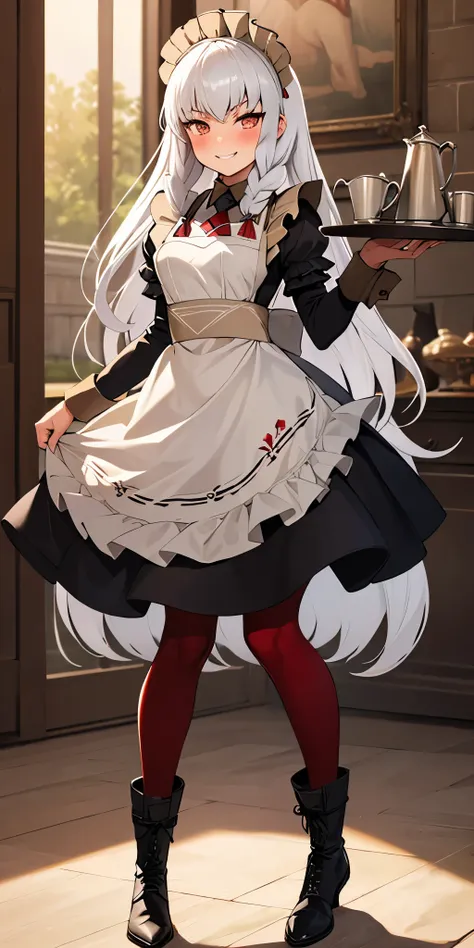 full body standing straight symmetrical, lustful smirking smile face red blush red cheeks, looking at viewer, holding tray, braid, maid headdress, maid, dress, apron, long sleeves, brown pantyhose, long leather military boots, thighs, long white hair, mast...