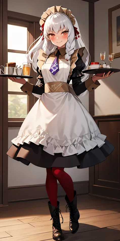 full body standing straight symmetrical, lustful smirking smile face red blush red cheeks, looking at viewer, holding tray, braid, maid headdress, maid, dress, apron, long sleeves, brown pantyhose, long leather military boots, thighs, long white hair, mast...