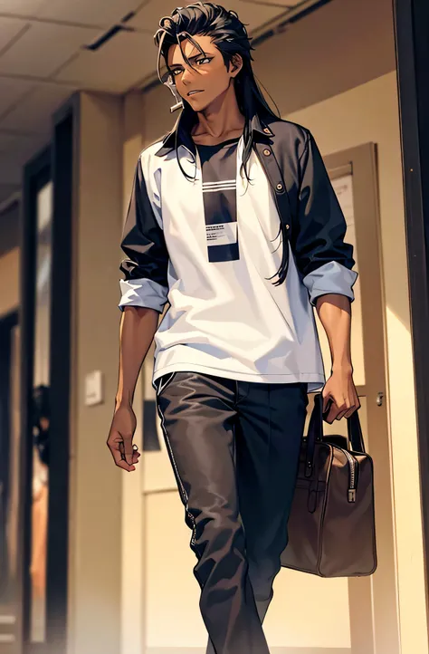 dark-skinned male with long hair walking to high school