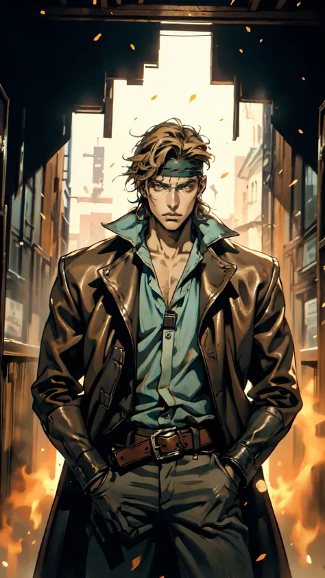(masterpiece:1.2, best quality:1.2, extremely delicate:1.2), ((male:1.5)), a man with messy short brown hair, choppy bangs, a headband tied around his forehead, sharp eyes, well-defined features, serious expression, fantasy Western-style attire, the color ...