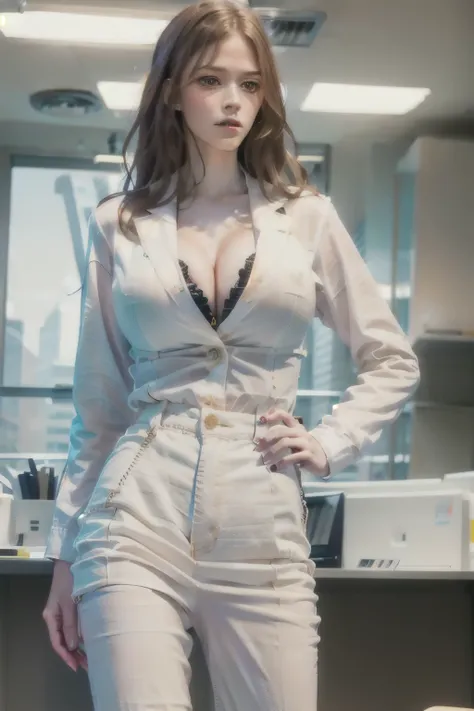 medium cowboy shot, eye-level, [angled view], 20 years old, standing, (Kat Dennings:Julia Roberts:0.1), busy office, computers, copy machine, white button-down blouse, (extremely long thick elegant curly hair), symmetric colossal breasts, monsterbreast, bl...