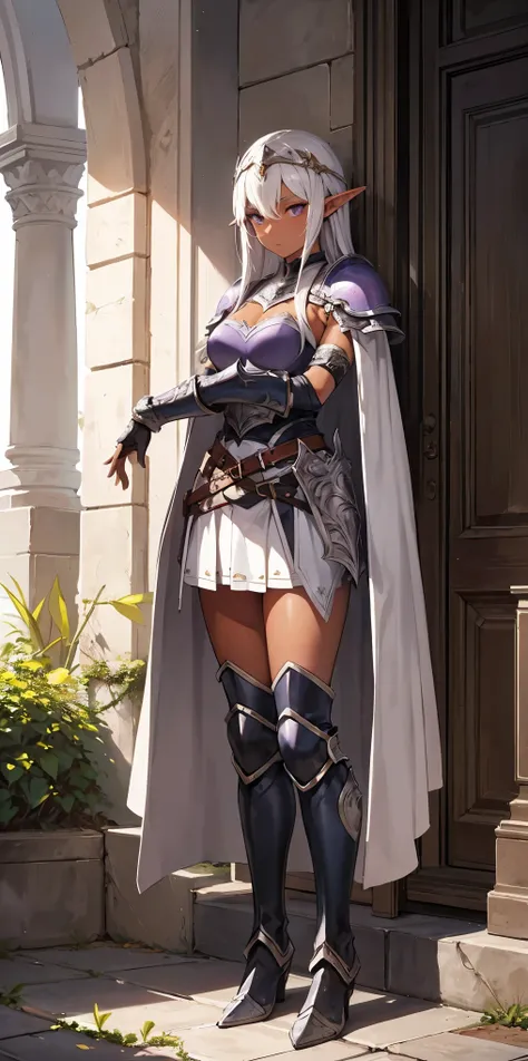 masterpiece, best quality, highly detailed, intricate design, brilliant colors, deedlit, armor, skirt, circlet, boots, bracers, shoulder pads, cape, Elf, dark skin, white hair, purple eyes, 